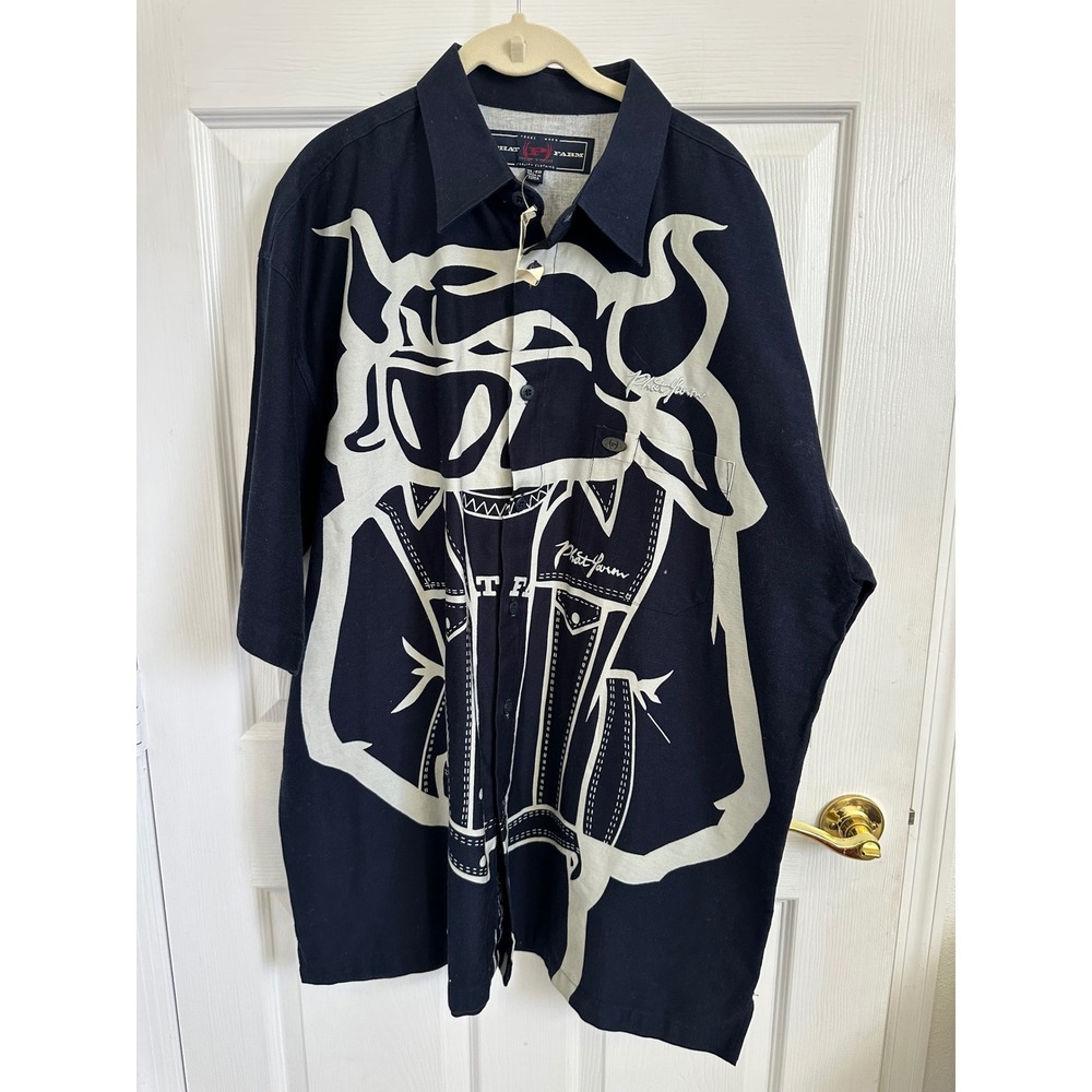 Vintage Phat Farm Mens XL Navy Blue Bulldog Graphic SS  Button Down Shirt